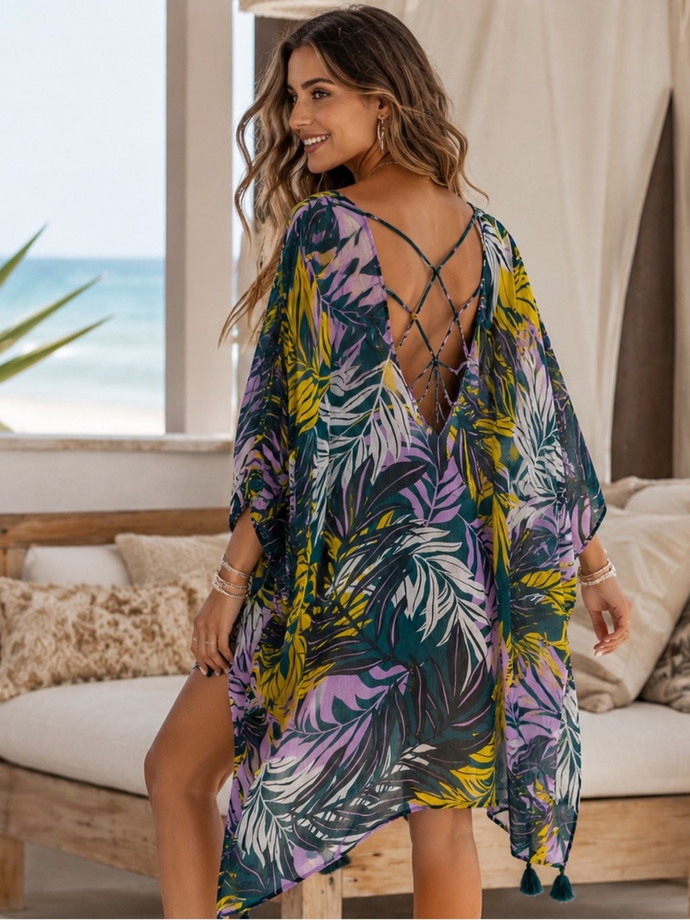 Tropical Leaf Lace-Back Swim Coverup Kaftan in Purple & Green M/L